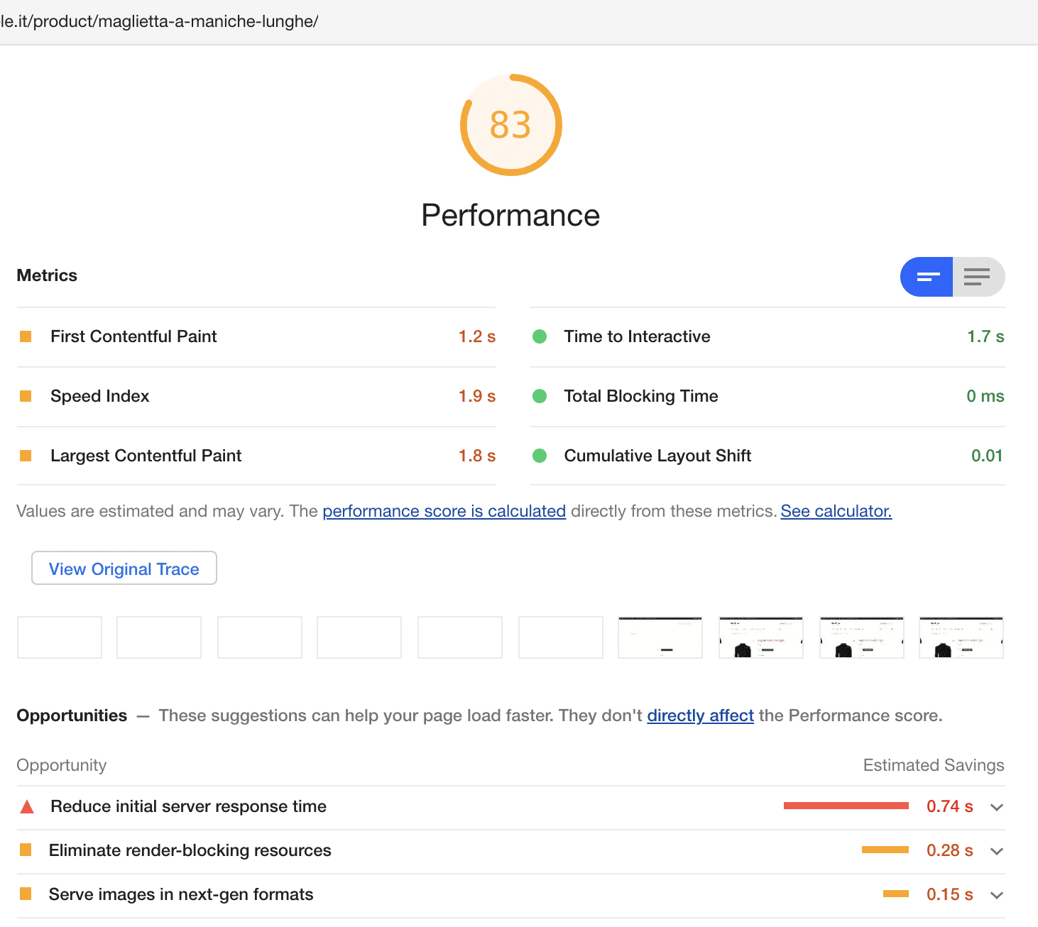 Le performance dell'ecommerce Aruba in Google Lighthouse