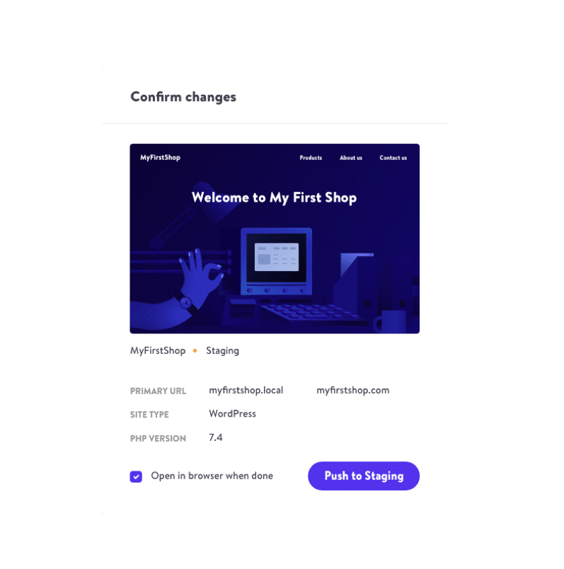 DevKinsta push to staging screenshot