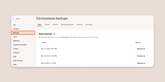 Backups in MyKinsta.